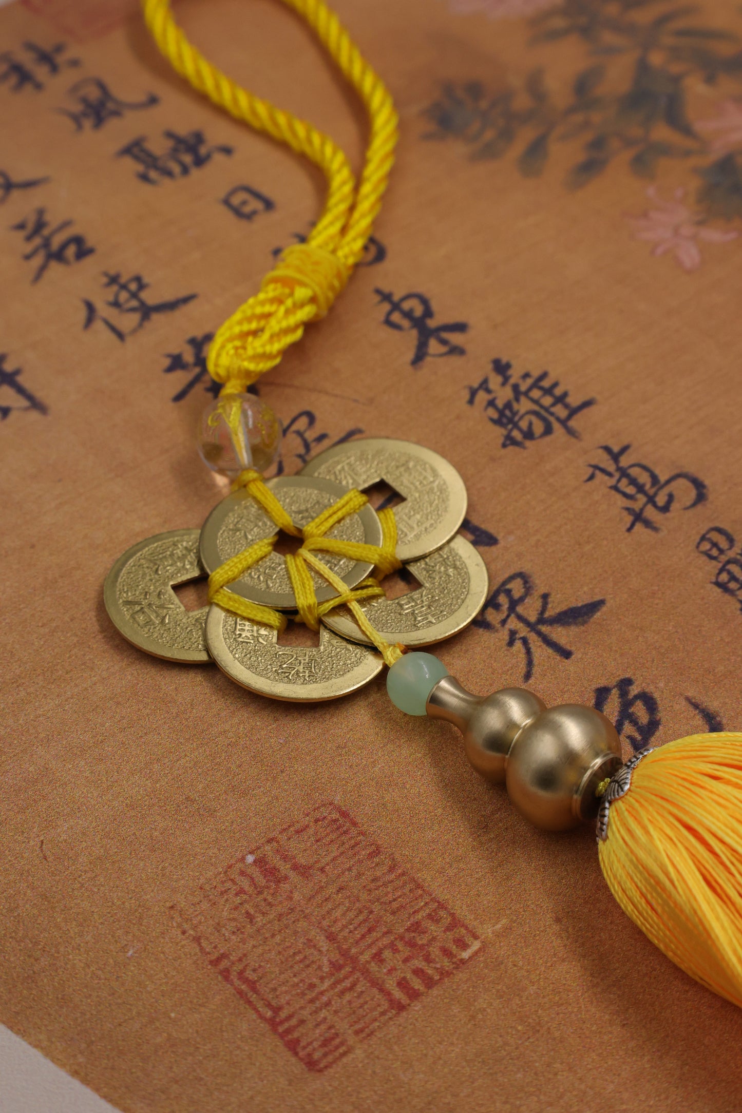 Yellow Rope Five Emperors Coins & Copper Gourd Feng Shui Pendant