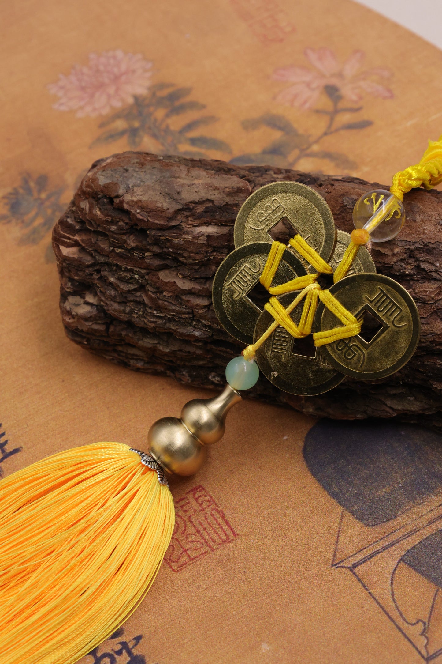 Yellow Rope Five Emperors Coins & Copper Gourd Feng Shui Pendant