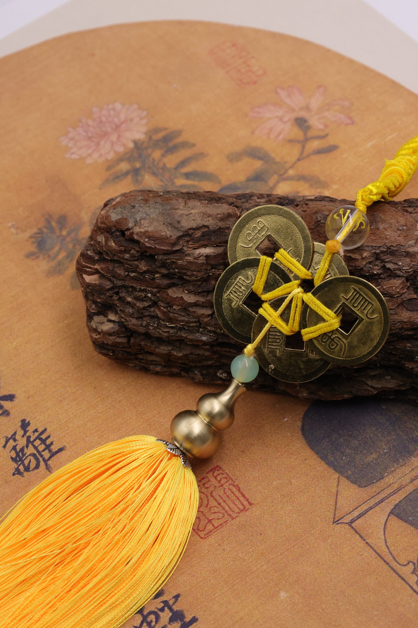 Yellow Rope Five Emperors Coins & Copper Gourd Feng Shui Pendant