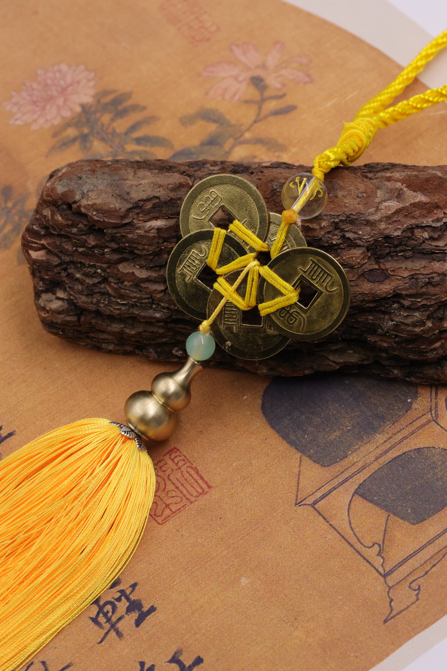 Yellow Rope Five Emperors Coins & Copper Gourd Feng Shui Pendant