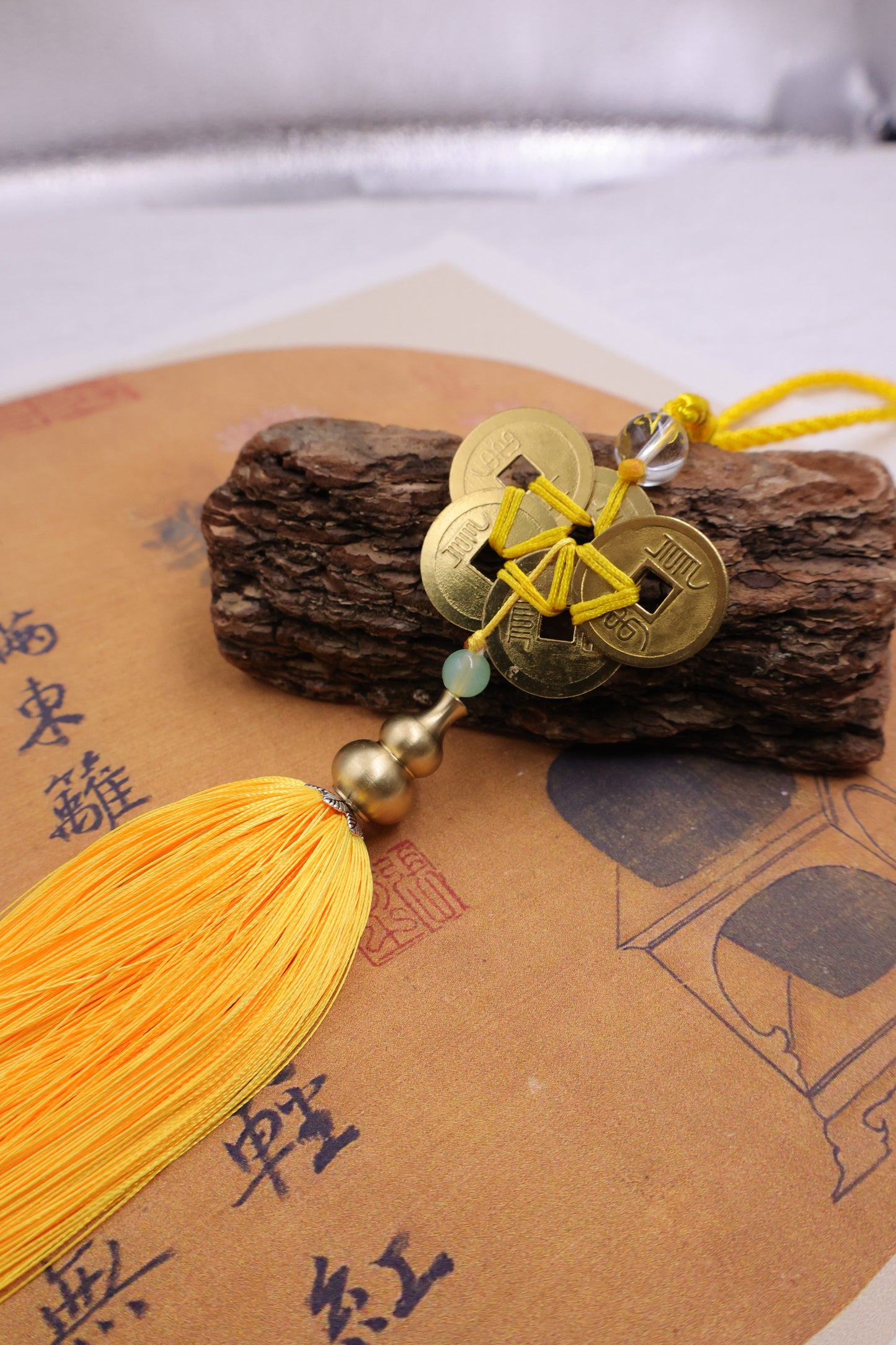 Yellow Rope Five Emperors Coins & Copper Gourd Feng Shui Pendant